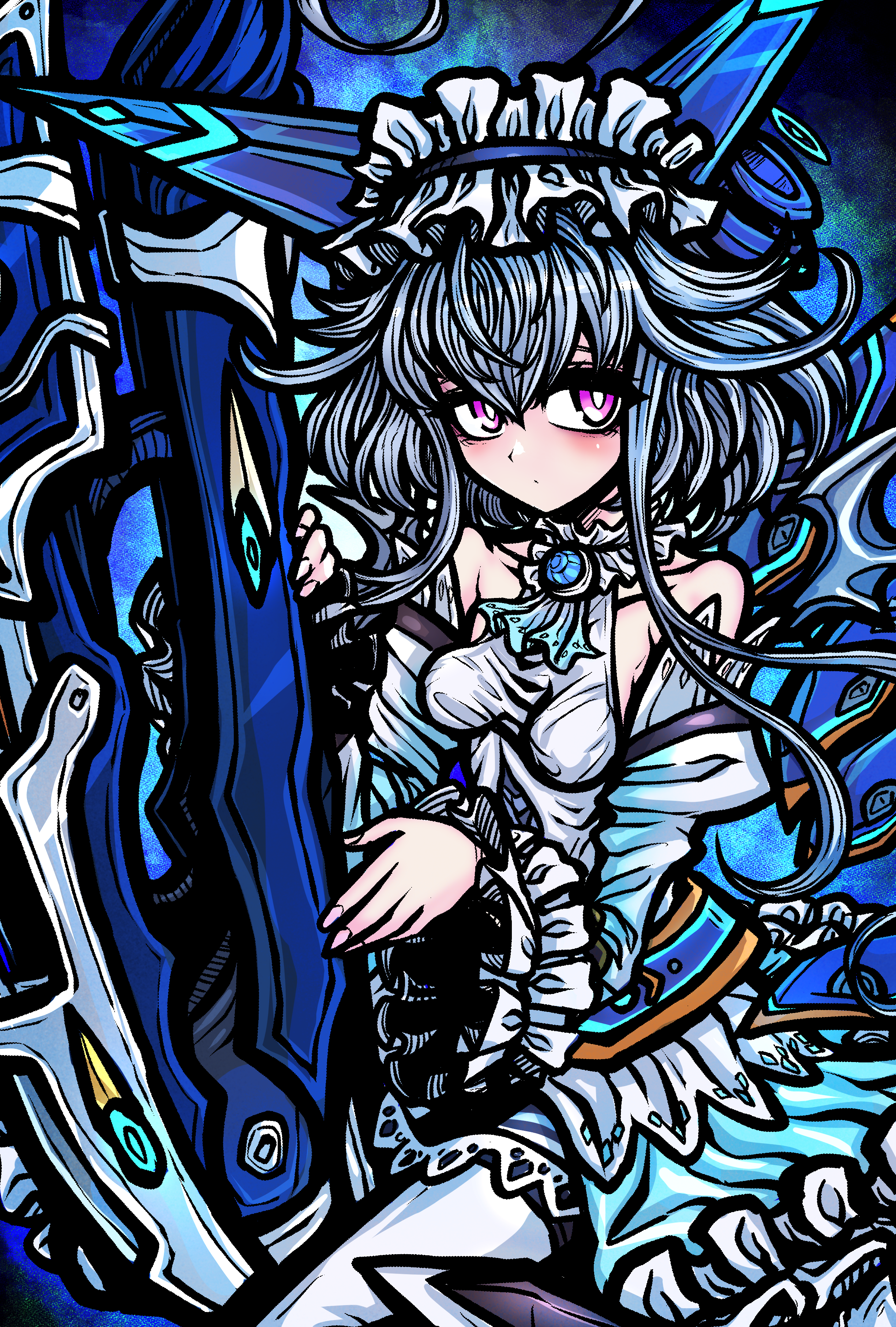 nazo no diaboro, mitama aria, emil chronicle online, absurdres, highres, 1girl, ahoge, android, bare shoulders, black ribbon, boots, breasts, detached sleeves, dress, frilled dress, frilled hairband, frilled sleeves, frills, hair ribbon, hairband, holding cannon, horns, huge weapon, mechanical horns, medium breasts, purple eyes, ribbon, sitting, solo, thigh boots, weapon, white boots, white dress, white hair, white sleeves, white wings, wings