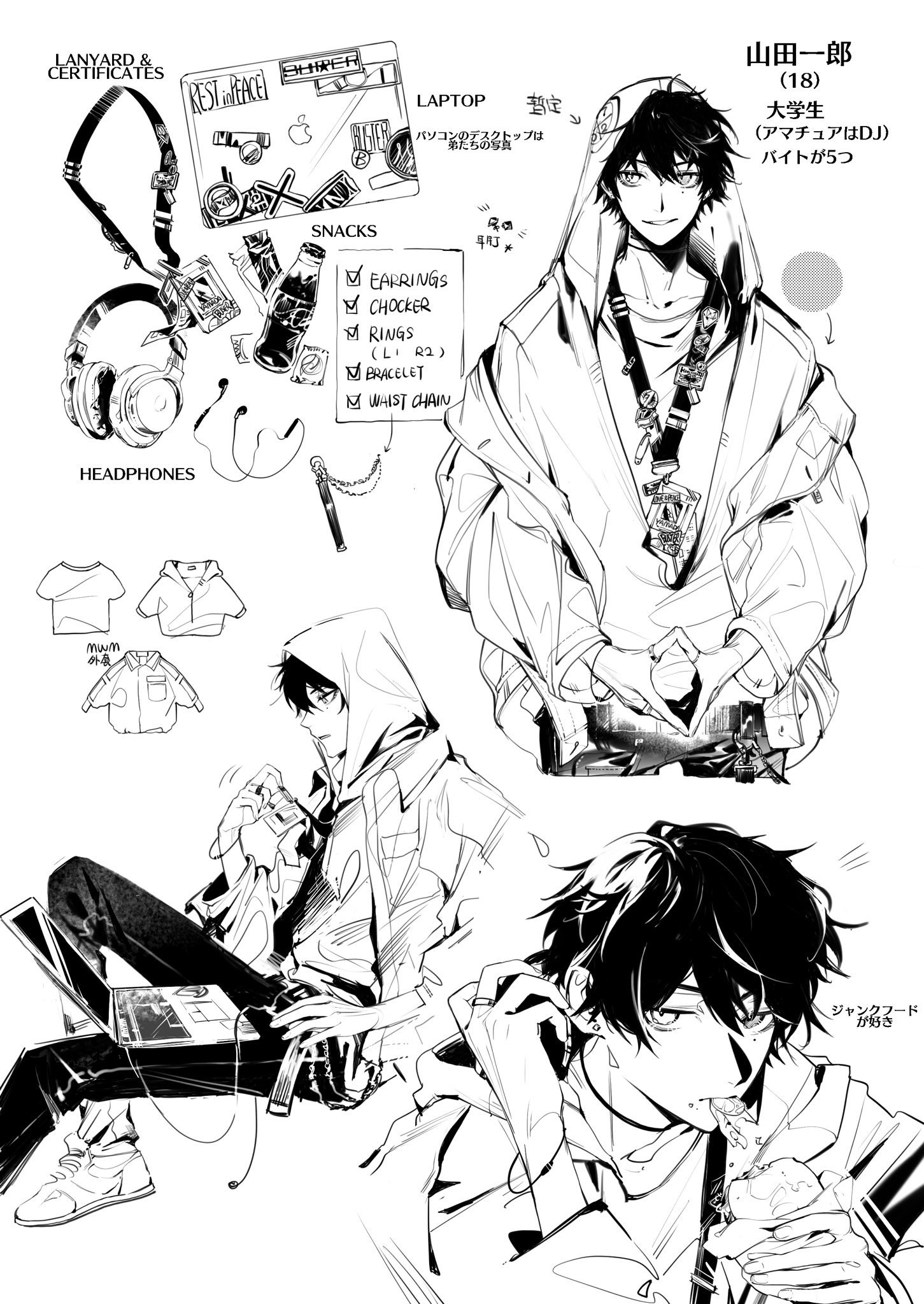 shuiyiyaogong, yamada ichiro, hypnosis mic, highres, 1boy, bracelet, burger, chain, character name, choker, closed mouth, cola, computer, earphones, earrings, eating, english text, food, greyscale, hair between eyes, headphones, holding, holding burger, holding food, hood, hood up, hoodie, jacket, jewelry, lanyard, laptop, long sleeves, looking at viewer, male focus, mole, mole under eye, monochrome, multiple rings, multiple views, necklace, off shoulder, open clothes, open jacket, pants, parted lips, phone, piercing, reference sheet, ring, shirt, shoes, short hair, simple background, sitting, smile, sneakers, solo, tongue, tongue out, white background