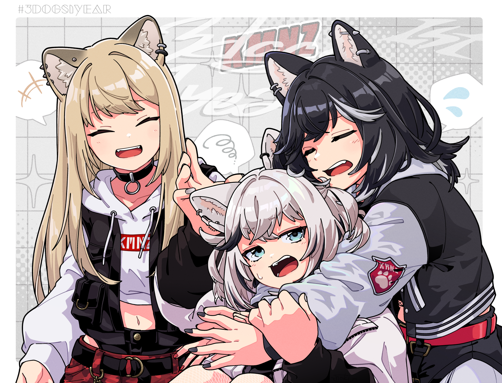 fujinoki (horonabe-ken), lita (kmnz), nero (kmnz), tina (kmnz), kmnz, commentary, english commentary, highres, 3girls, :d, animal ear fluff, animal ear piercing, animal ears, arm up, black choker, black hair, black jacket, black skirt, blonde hair, blue eyes, choker, closed eyes, dog ears, dog girl, fangs, flying sweatdrops, grey background, grey hair, grey jacket, hood, hood down, hoodie, hug, hug from behind, jacket, long hair, long sleeves, medium hair, midriff peek, multicolored hair, multicolored jacket, multiple girls, navel, open clothes, open jacket, open mouth, pants, puffy long sleeves, puffy sleeves, red pants, skirt, smile, sparkle, spoken +++, spoken flying sweatdrops, spoken squiggle, squiggle, streaked hair, sweatdrop, teeth, two-tone jacket, upper body, upper teeth only, virtual youtuber, white hoodie, white jacket