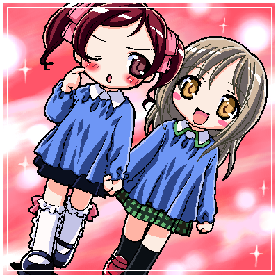 st parasu, marika (aishiteruze baby), sakashita yuzuyu, aishiteruze baby, lowres, 00s, blush, holding, holding hands, oekaki, school uniform, serafuku, twintails