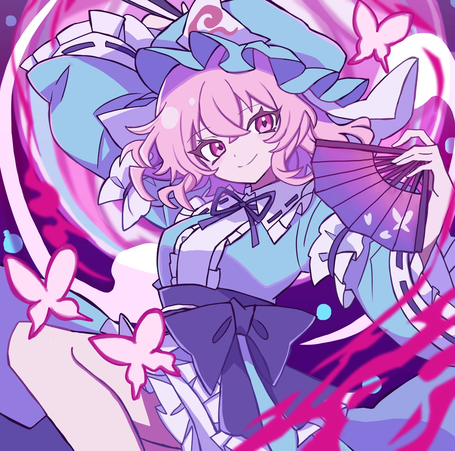 saigyouji yuyuko, touhou, highres, 1girl, arm up, blue kimono, bug, butterfly, closed mouth, frills, hair between eyes, hand fan, hand up, hat, holding, holding fan, insect, japanese clothes, kimono, long sleeves, madeno, medium hair, pink eyes, pink hair, smile, solo