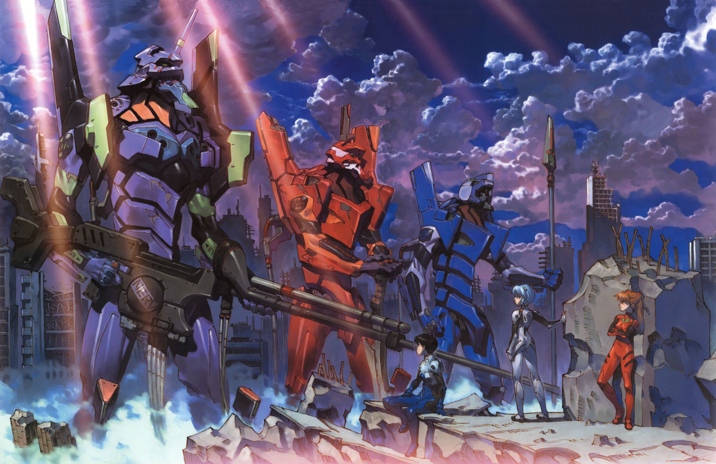 yoshinari you, ayanami rei, eva 00, eva 01, eva 02, ikari shinji, souryuu asuka langley, gainax, neon genesis evangelion, highres, 1boy, 2girls, antimatter weapon, ass, blue hair, brown hair, cityscape, cloud, directed-energy weapon, dystopia, energy cannon, energy gun, energy weapon, gun, interface headset (evangelion), latex, light rays, long hair, mecha, mecha pilot suit, multiple girls, particle-beam weapon, plugsuit (evangelion), polearm, positron sniper rifle, robot, ruins, short hair, smoke, sonic glaive, spear, sunbeam, sunlight, sword, weapon