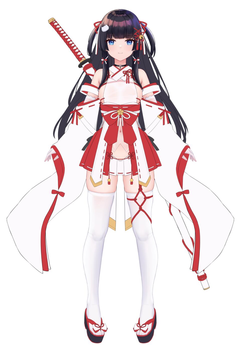 allenes, original, highres, 1girl, black hair, blue eyes, detached sleeves, hair ornament, hime cut, katana, long hair, navel, nontraditional miko, sandals, smile, sword, thighhighs, weapon, white background, white thighhighs, zouri