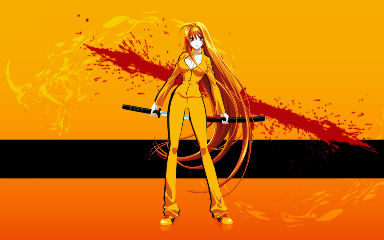 natsume aya, kill bill, tenjou tenge, 1girl, blood, breasts, bruce lee's jumpsuit, cleavage, female focus, katana, large breasts, lips, long hair, parody, red hair, solo, sword, very long hair, weapon
