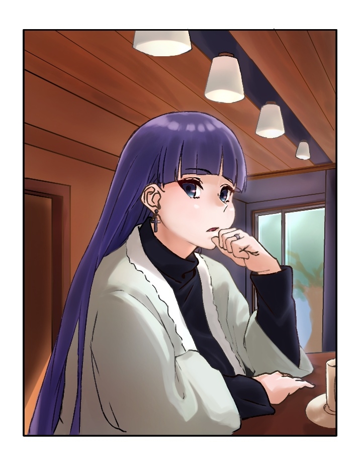 niwaikanai, martha (fate), fate/grand order, fate (series), 1girl, black sweater, blue eyes, breasts, cross, cross earrings, earrings, jacket, jewelry, large breasts, long hair, long sleeves, looking at viewer, parted lips, purple hair, solo, sweater, turtleneck, turtleneck sweater, white jacket
