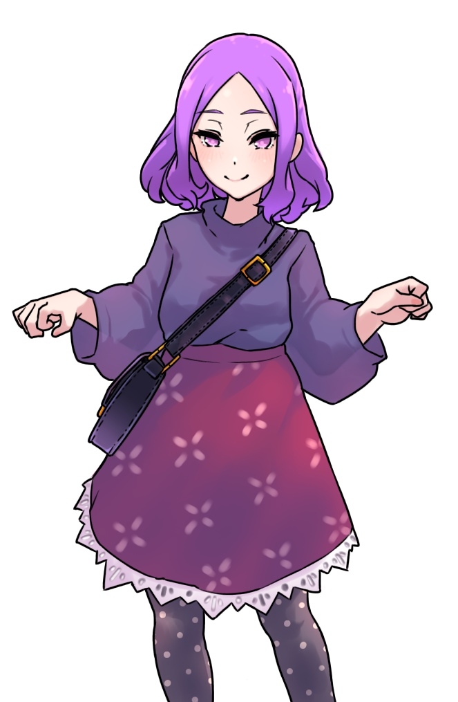 niwaikanai, wu zetian (fate), fate/grand order, fate (series), 1girl, bag, blush, breasts, forehead, grey pantyhose, grey sweater, long sleeves, looking at viewer, pantyhose, parted bangs, purple eyes, purple hair, purple skirt, short hair, shoulder bag, sidelocks, skirt, small breasts, smile, solo, sweater