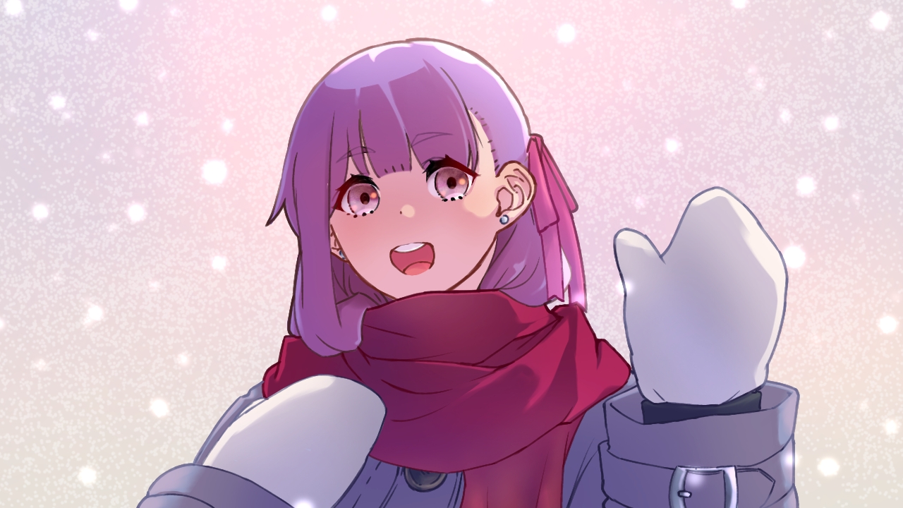 niwaikanai, bb (fate), fate/grand order, fate (series), 1girl, blush, breasts, grey jacket, hair ribbon, jacket, long hair, long sleeves, looking at viewer, mittens, open mouth, purple eyes, purple hair, red ribbon, red scarf, ribbon, scarf, smile, solo, white mittens