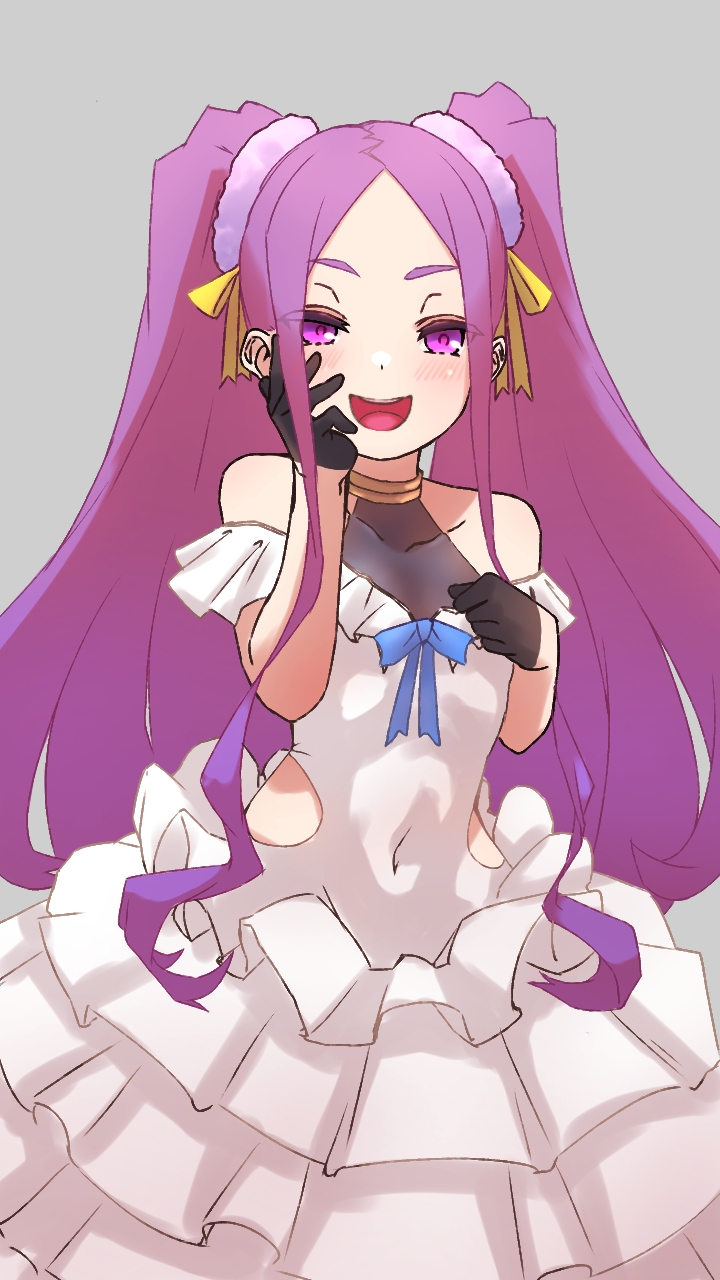 niwaikanai, wu zetian (fate), fate/grand order, fate (series), highres, 1girl, bare shoulders, black gloves, blush, breasts, covered navel, dress, forehead, gloves, hair ribbon, half gloves, jewelry, long hair, looking at viewer, neck ring, parted bangs, purple eyes, purple hair, ribbon, sidelocks, small breasts, smile, solo, twintails, white dress