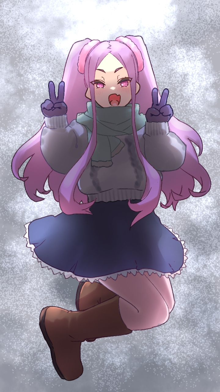 niwaikanai, wu zetian (fate), fate/grand order, fate (series), highres, 1girl, blue skirt, blush, boots, breasts, brown boots, forehead, gloves, grey scarf, grey sweater, long hair, long sleeves, looking at viewer, pantyhose, parted bangs, purple eyes, purple gloves, purple hair, scarf, sidelocks, skirt, small breasts, smile, solo, sweater, twintails, very long hair