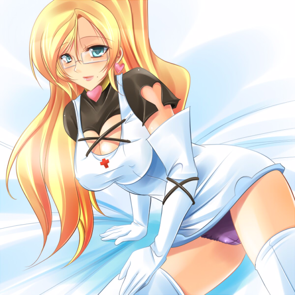 maki (seventh heaven maxion), seiya eve, doki doki majo shinpan, bad id, bad pixiv id, elbow gloves, glasses, gloves, panties, pantyshot, solo, thighhighs, underwear