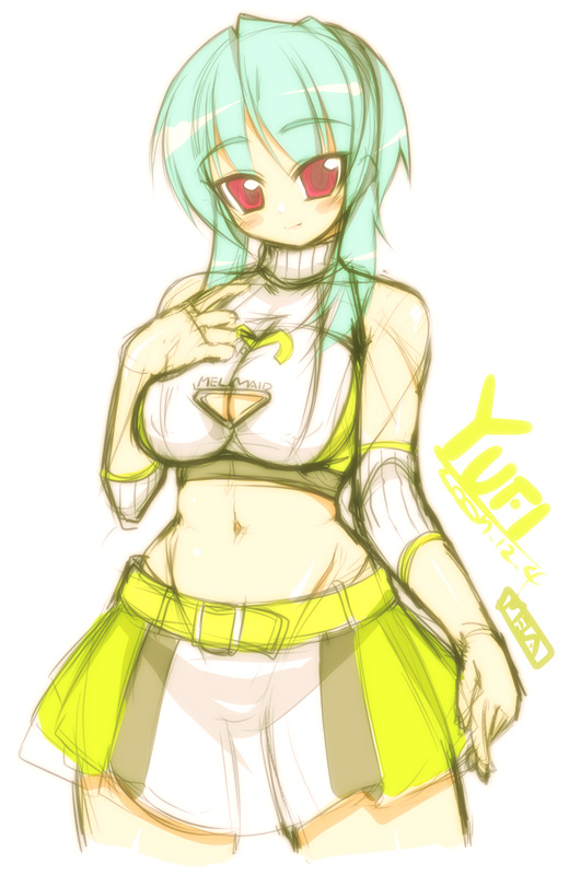 mel/a, yufi, original, 1girl, breasts, cleavage, cleavage cutout, clothing cutout, crop top, elbow pads, female focus, green hair, groin, halterneck, large breasts, midriff, miniskirt, navel, race queen, red eyes, short hair, sidelocks, skirt, solo
