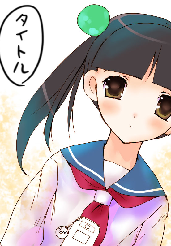 shige, otonashi meru, sayonara zetsubou sensei, 00s, 1girl, black hair, blunt bangs, brown eyes, cellphone, dutch angle, female focus, hair bobbles, hair ornament, long sleeves, looking at viewer, phone, sailor collar, school uniform, serafuku, shirt, solo, twintails, upper body, white shirt