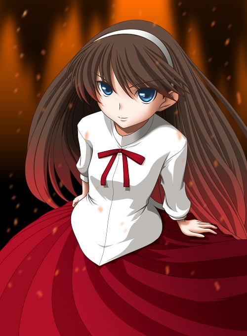 t2r, tohno akiha, tsukihime, 00s, 1girl, blue eyes, breasts, brown hair, female focus, hairband, long hair, skirt, smile, solo