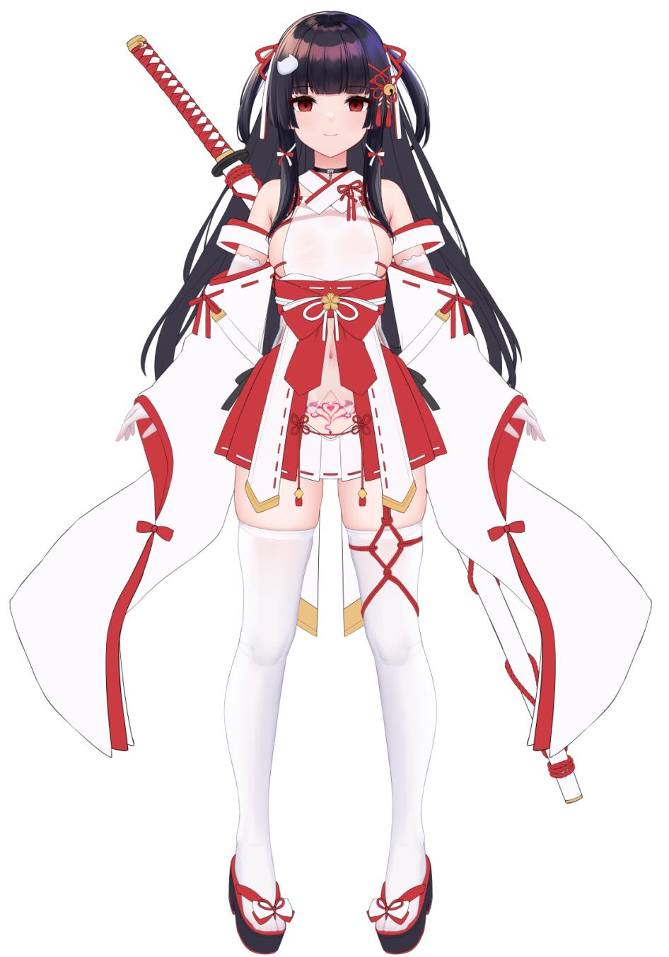 allenes, original, highres, 1girl, black hair, detached sleeves, hair ornament, hime cut, katana, long hair, navel, nontraditional miko, red eyes, sandals, smile, sword, thighhighs, weapon, white background, white thighhighs