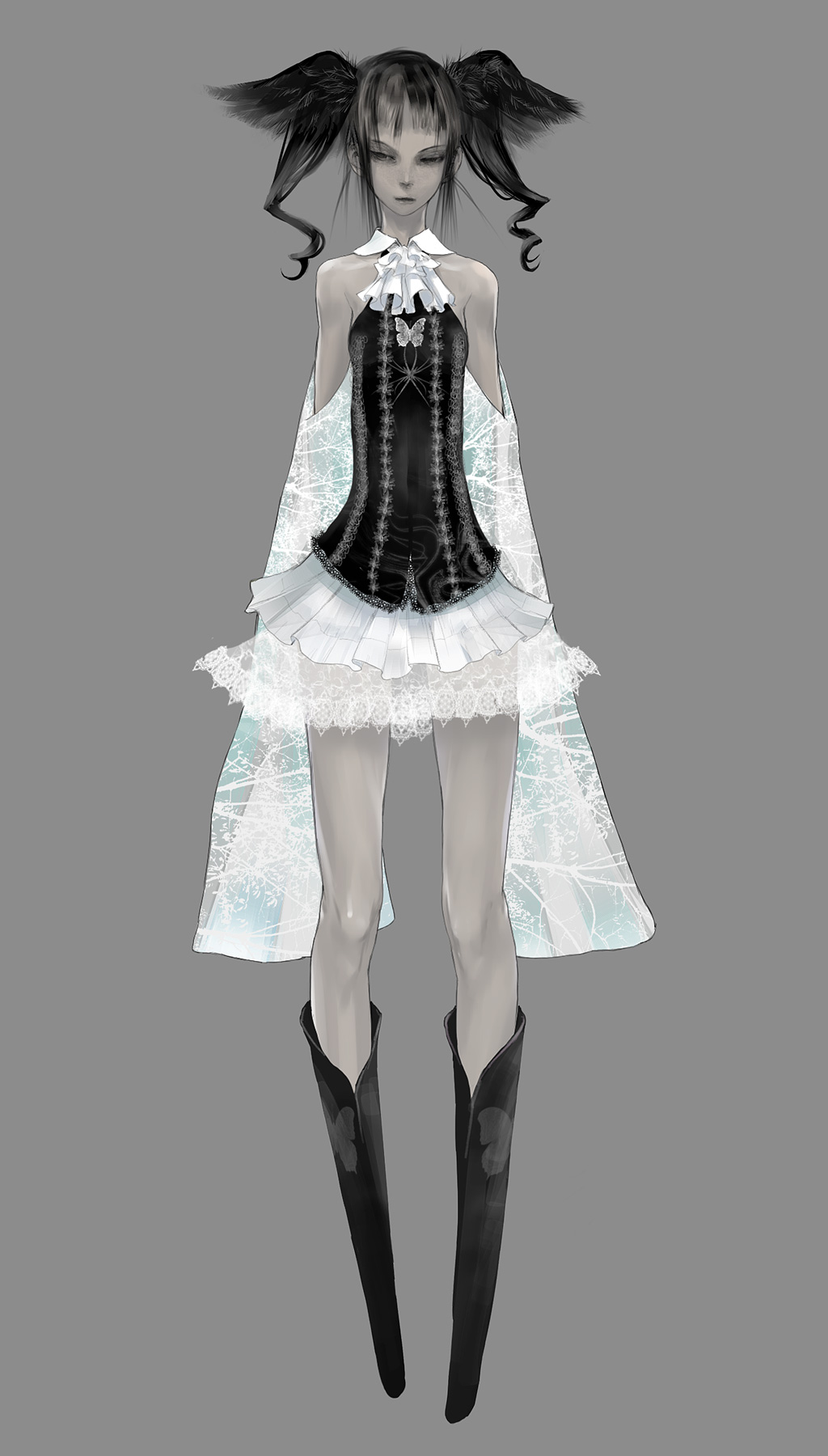 redjuice, original, highres, 1girl, ascot, bare shoulders, black hair, boots, corset, detached sleeves, female focus, frills, head wings, long sleeves, skirt, solo, thighs, twintails, wings