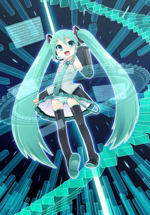 minami juujisei, hatsune miku, vocaloid, 1girl, aqua hair, female focus, long hair, panties, pantyshot, solo, striped clothes, striped panties, thighhighs, twintails, underwear, very long hair