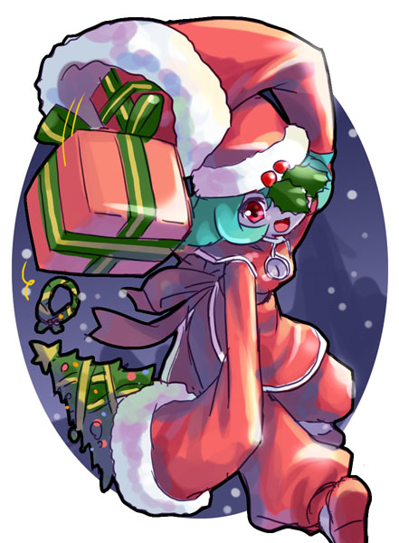 katahira masashi, hsien-ko, capcom, darkstalkers, christmas, christmas tree, christmas wreath, gift, jiangshi, santa costume, solo, wreath