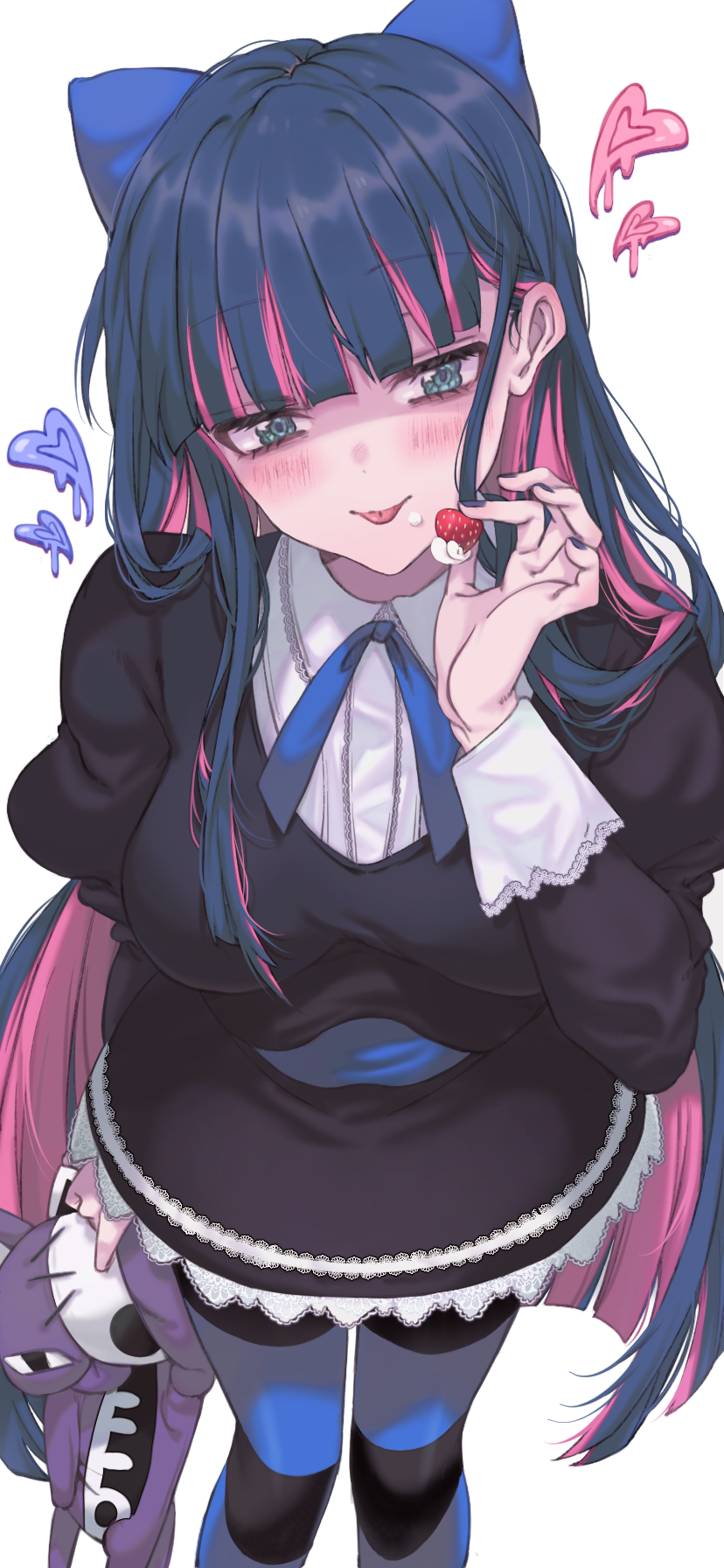 kayanogura, stocking (psg), panty & stocking with garterbelt, commentary request, highres, 1girl, :p, black dress, black hair, blue bow, blue eyes, blush, bow, breasts, closed mouth, dress, feet out of frame, food, food on face, fruit, hair bow, hand up, head tilt, heart, holding, holding food, holding stuffed toy, juliet sleeves, long hair, long sleeves, looking at viewer, medium breasts, melting, multicolored hair, pantyhose, pink hair, puffy sleeves, simple background, smile, solo, standing, strawberry, striped clothes, striped pantyhose, stuffed animal, stuffed cat, stuffed toy, tongue, tongue out, two-tone hair, very long hair, white background