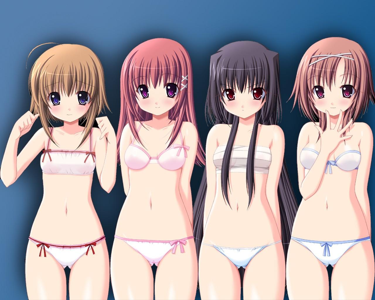 choco chip, fumitsuki hotaru, himukai haruka, kamishiro shizuku, sakura komomo, atelier kaguya, school project, game cg, 4girls, ahoge, black hair, blue eyes, blush, bow, bow panties, bra, breasts, brown eyes, brown hair, female focus, flat chest, hair ornament, lineup, lingerie, long hair, multicolored eyes, multiple girls, panties, pink bra, pink panties, purple eyes, red eyes, red hair, sarashi, short hair, simple background, small breasts, smile, strapless, strapless bra, tachi-e, underwear, underwear only, white bra, white panties