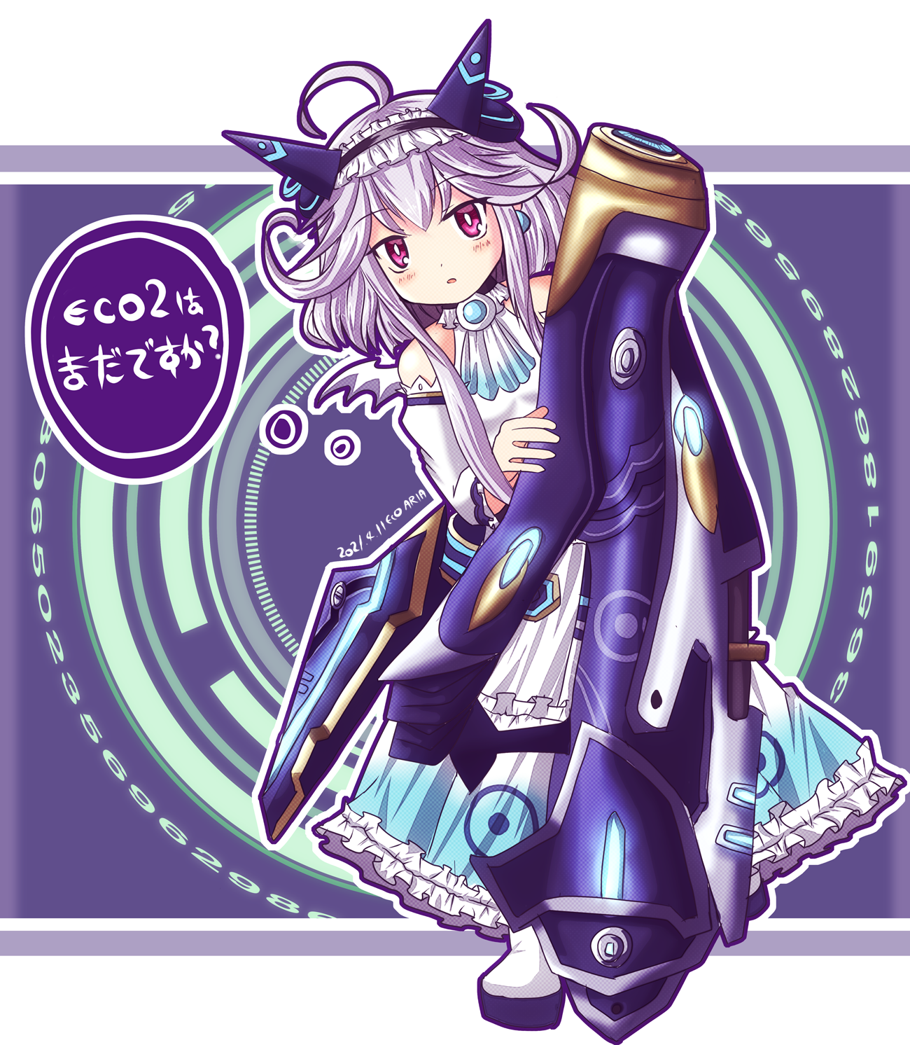 yanapy, mitama aria, emil chronicle online, highres, 1girl, ahoge, boots, detached sleeves, dress, earrings, frilled dress, frills, holding cannon, horns, huge weapon, jewelry, long sidelocks, mechanical horns, mechanical wings, purple eyes, sidelocks, solo, speech bubble, sphere earrings, thought bubble, weapon, white boots, white dress, white hair, white sleeves, white wings, wings