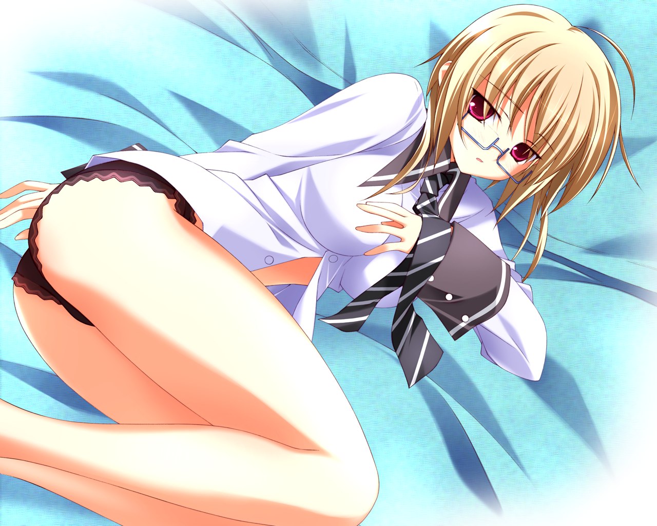 kinmedai pink, sakuragi kanae, innocent blue, lilim (company), lilim darkness, 00s, 1girl, black panties, blonde hair, female focus, glasses, looking at viewer, lying, no pants, on side, panties, pantyshot, parted lips, red eyes, short hair, solo, underwear, undressing