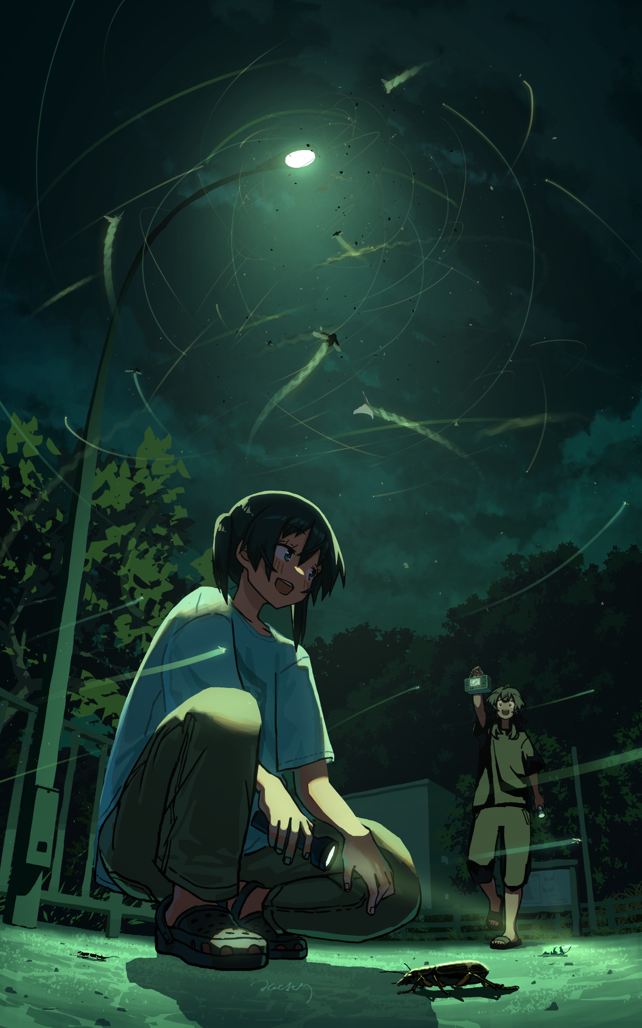 natsuno kanasemi, highres, 2girls, black hair, bug, bug cage, cloud, crocs, flashlight, flashlight beam, holding, holding flashlight, lamppost, multiple girls, night, open mouth, outdoors, pants, shirt, short hair, smile, squatting, t-shirt, tree, white shirt