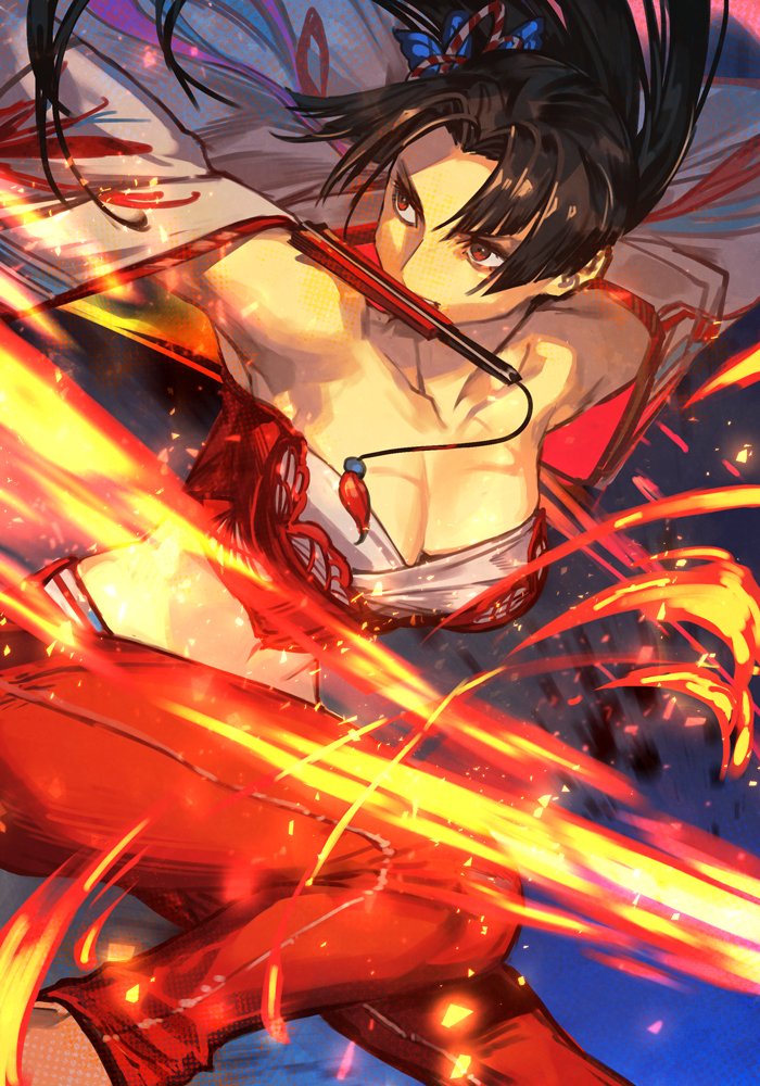 hungry clicker, shiranui mai, fatal fury, snk, street fighter, street fighter 6, 1girl, bare shoulders, breasts, brown eyes, brown hair, cleavage, folded fan, folding fan, hand fan, holding, holding fan, long hair, official alternate costume, official alternate hairstyle, open mouth, paper fan, smile, solo, tassel
