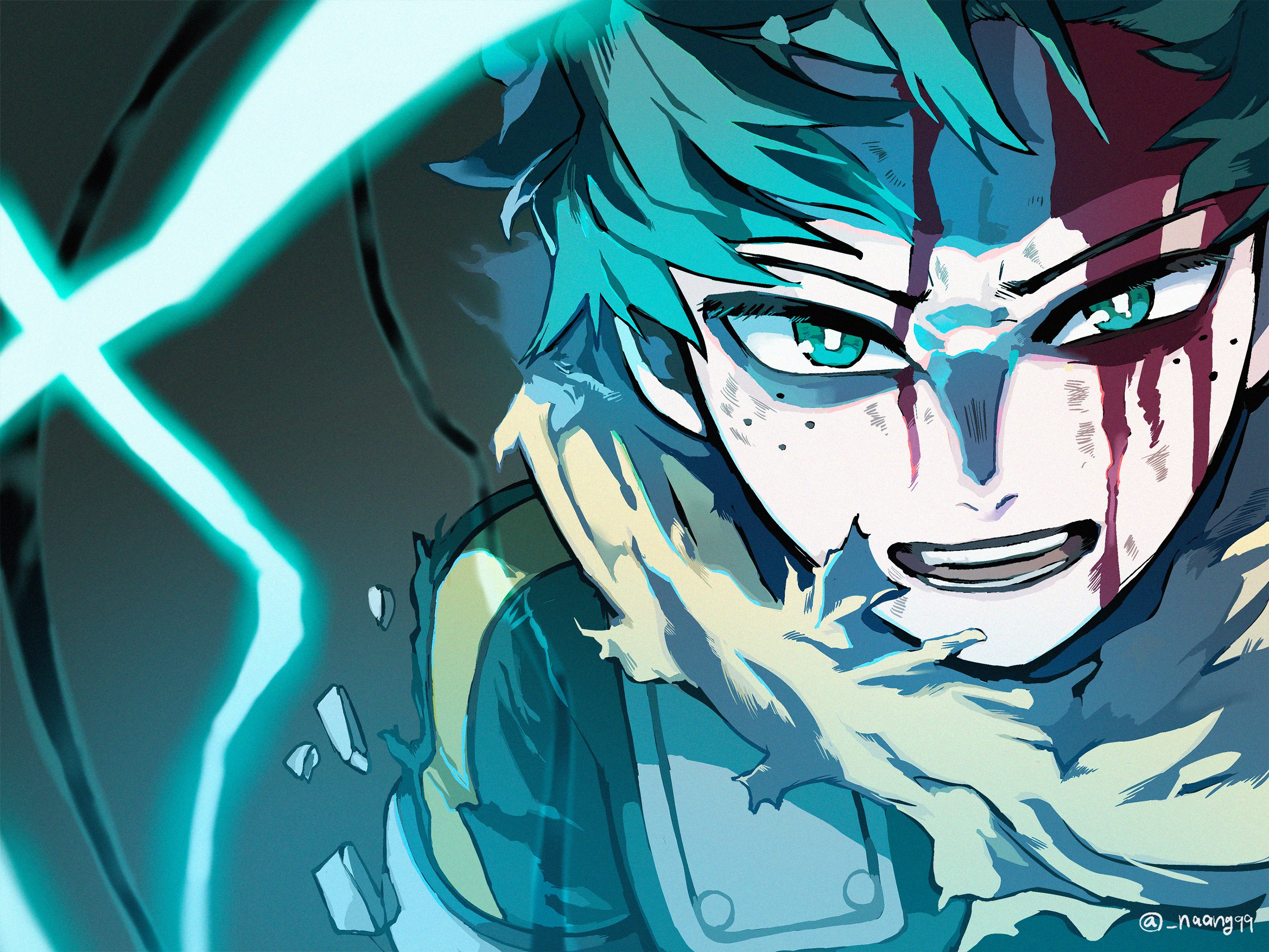 midoriya izuku, boku no hero academia, commentary, commentary request, highres, korean commentary, 1boy, blood, blood on face, dirty, dirty face, electricity, freckles, green eyes, green hair, injury, looking at viewer, male focus, naangqq, open mouth, scarf, short hair, solo, superhero costume, teeth, tongue, torn clothes, torn scarf, uneven eyes, upper body, yellow scarf