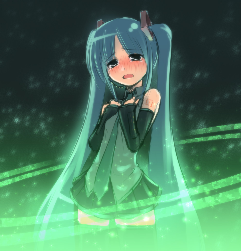 kakaon, hatsune miku, vocaloid, bad id, bad pixiv id, 1girl, blush, female focus, long hair, solo, tears, thighhighs, twintails, very long hair, zettai ryouiki