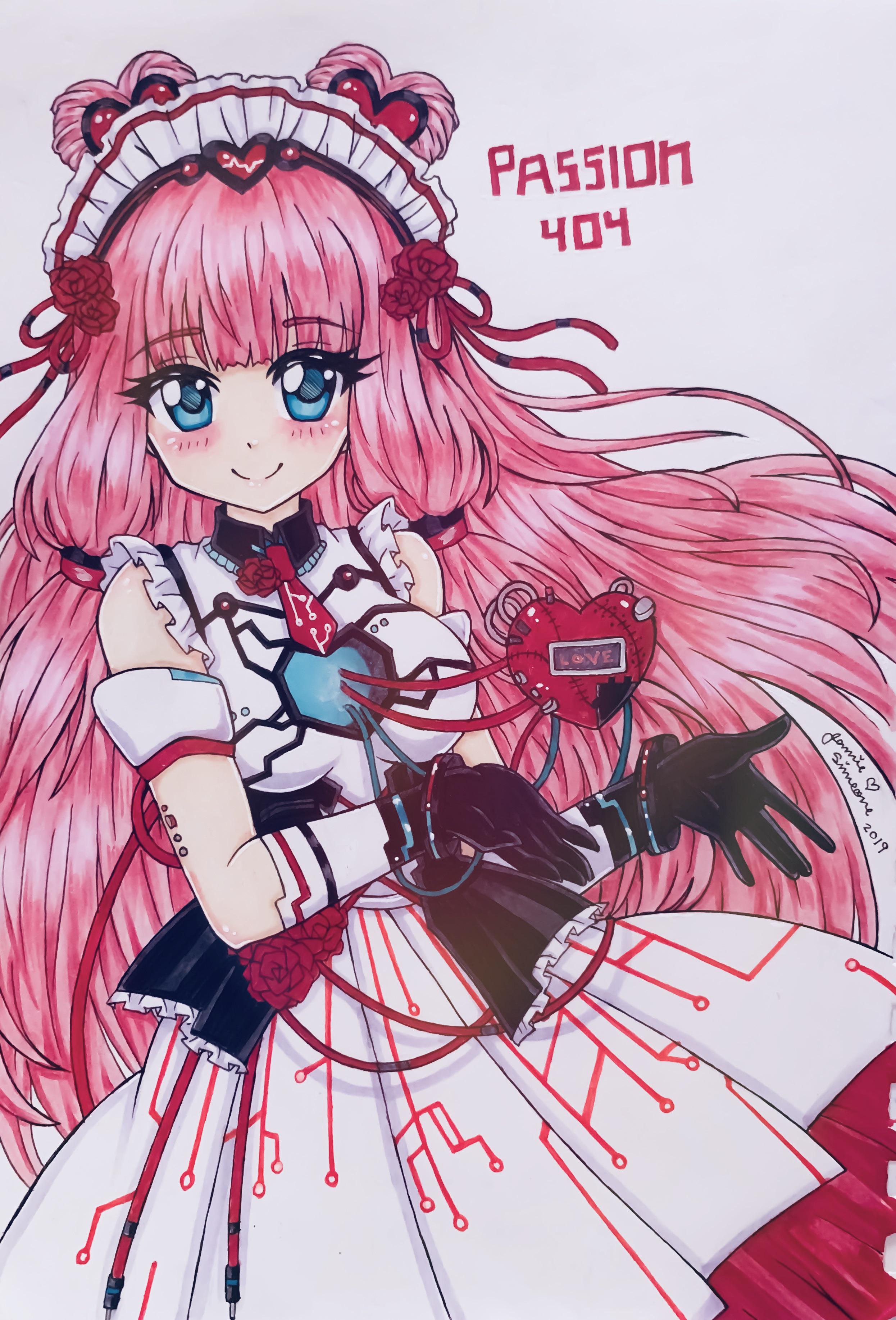 miracle nikki, nikki (series), absurdres, commentary, english commentary, highres, traditional media, 1girl, 2019, bare shoulders, black corset, black gloves, blue eyes, blunt bangs, bracelet, breasts, brooch, cable, character name, closed mouth, collared dress, corset, cowboy shot, detached sleeves, dot nose, double bun, dress, eyelashes, flower, flower brooch, frilled corset, frilled dress, frills, gloves, hair bun, hair flower, hair ornament, hair ribbon, hair tie, happy, heart, heart-shaped hair, heart (organ), hole in chest, hole on body, jewelry, large breasts, light blush, long dress, long hair, looking at viewer, loose hair strand, maid headdress, necktie, passion 404 (miracle nikki), pink hair, pleated dress, red flower, red necktie, red ribbon, red rose, ribbon, rose, science fiction, short sleeves, signature, sleeveless, sleeveless dress, smile, solo, standing, tareme, very long hair, white arm warmers, white dress, white sleeves, yamisaan