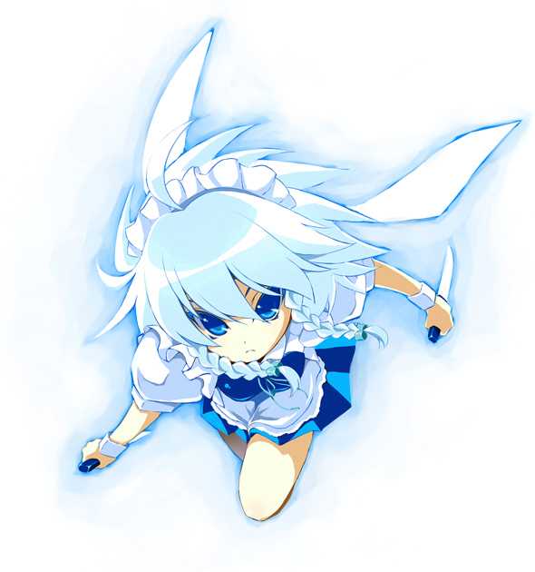 tooya, touya (the-moon), izayoi sakuya, touhou, silver hair, 1girl, blue eyes, female focus, full body, gradient background, hairband, knife, maid, ribbon, short hair, solo, throwing knife, weapon, white background