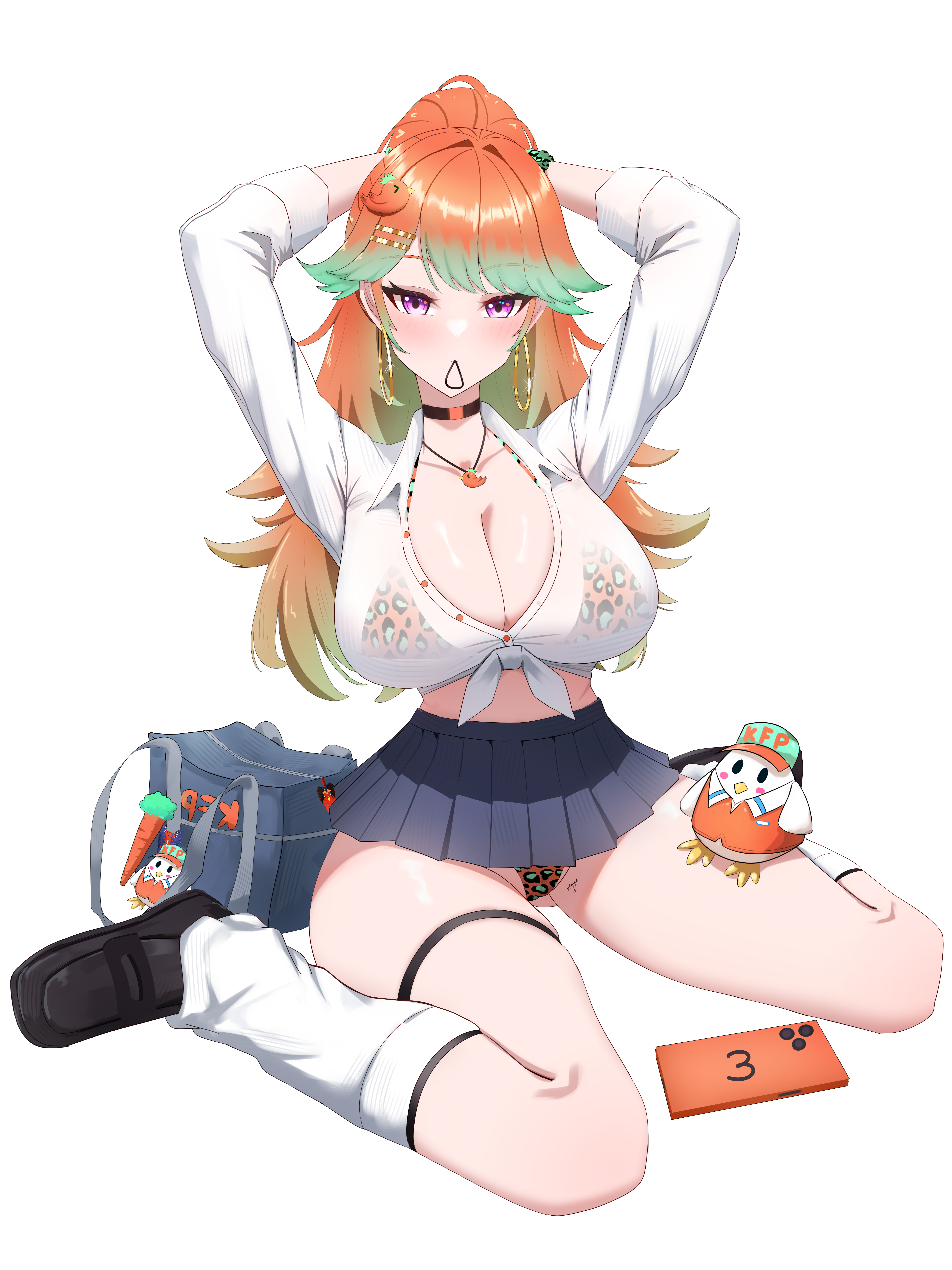 dadangge, kfp employee (takanashi kiara), kotori (takanashi kiara), hololive, hololive english, absurdres, highres, 1girl, alternate costume, alternate hairstyle, arms up, bag, bird, body writing, breasts, carrot, cellphone, chicken, choker, cleavage, earrings, gradient hair, green hair, hair ornament, hair tie in mouth, hairclip, hoop earrings, jewelry, large breasts, leopard print bikini, long hair, looking at viewer, loose socks, miniskirt, mouth hold, multicolored hair, orange hair, panties, pantyshot, pendant, phone, pleated skirt, purple eyes, scrunchie, see-through clothes, see-through shirt, shirt, simple background, sitting, skirt, socks, solo, tally, two-tone hair, tying hair, underwear, virtual youtuber, wariza, white background, white shirt, wrist scrunchie