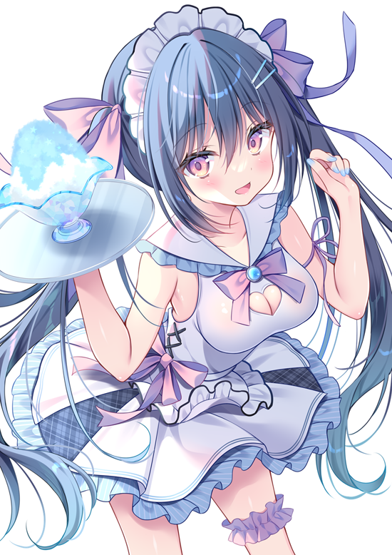 watagashi yui, original, commentary request, 1girl, :d, black hair, blue nails, bow, bowl, breasts, cleavage, cleavage cutout, clothing cutout, food, frilled sailor collar, frilled skirt, frills, hair between eyes, hair bow, hair ornament, hairclip, hands up, heart cutout, long hair, looking at viewer, maid, maid headdress, medium breasts, nail polish, open mouth, pink bow, pink eyes, pleated skirt, sailor collar, shaved ice, shirt, simple background, skirt, sleeveless, sleeveless shirt, smile, solo, tray, twintails, very long hair, white background, white sailor collar, white shirt, white skirt