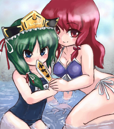 homura subaru, onozuka komachi, shiki eiki, touhou, lowres, 2girls, alternate hairstyle, asymmetrical hair, bikini, blue eyes, blush, female focus, front-tie top, green hair, hair down, multiple girls, name tag, one-piece swimsuit, red eyes, red hair, rod of remorse, school swimsuit, side-tie bikini bottom, smile, swimsuit