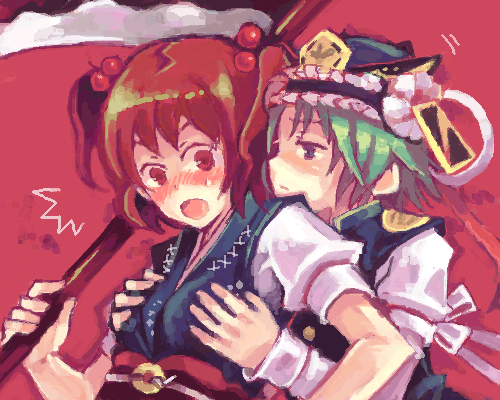 onozuka komachi, shiki eiki, touhou, lowres, 2girls, blush, breasts, female focus, grabbing another's breast, groping, large breasts, medium breasts, multiple girls, scythe