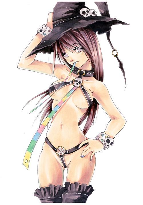 jonathan liang, too (totoo), toounit, 1girl, bikini, bracelet, breasts, brown hair, choker, collar, female focus, frills, hat, jewelry, long hair, medium breasts, micro bikini, ribbon, skull, solo, swimsuit, tan, tanline, thighhighs, underboob, witch, witch hat