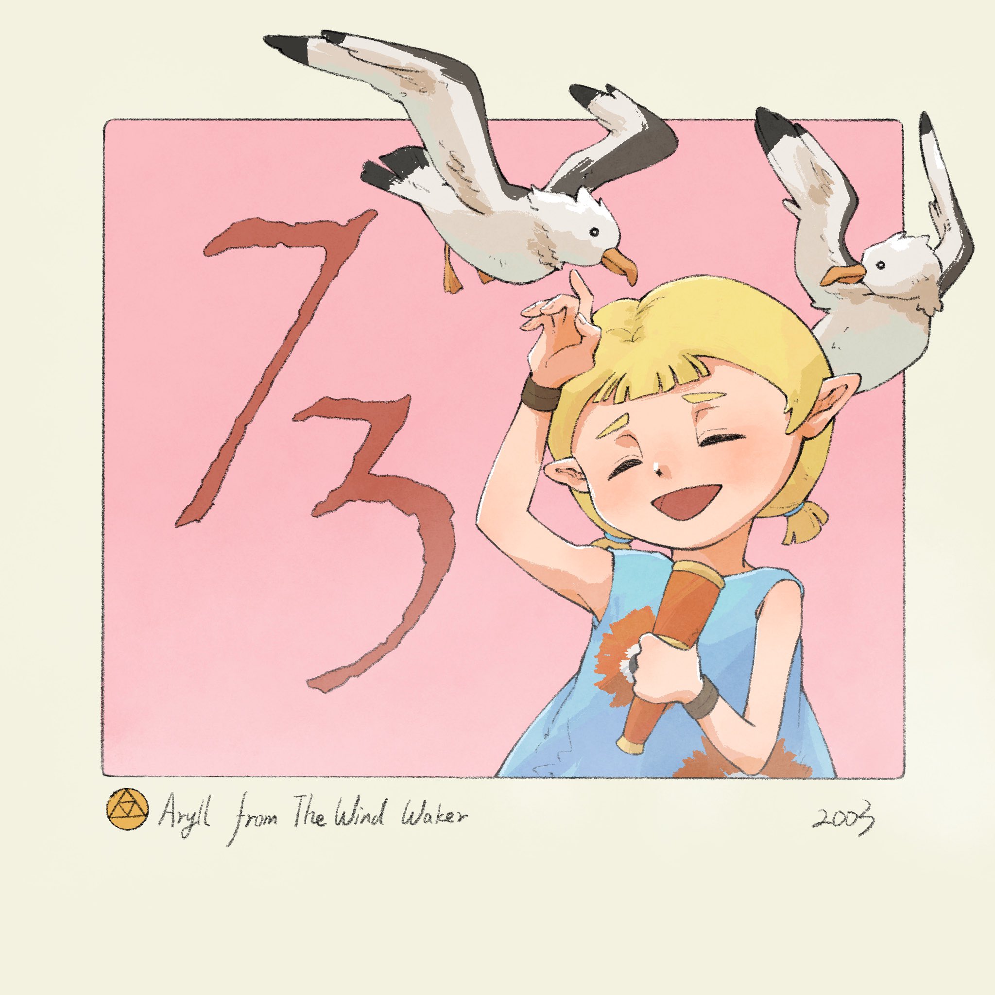 yangyaozigo, aryll, nintendo, the legend of zelda, the legend of zelda: the wind waker, highres, 1girl, ^ ^, animal, arm up, bird, blonde hair, blue dress, border, character name, closed eyes, copyright name, dress, floral print, floral print dress, open mouth, outside border, pink background, pointy ears, print dress, seagull, shirt, short twintails, sleeveless, sleeveless shirt, smile, solo, spyglass, twintails