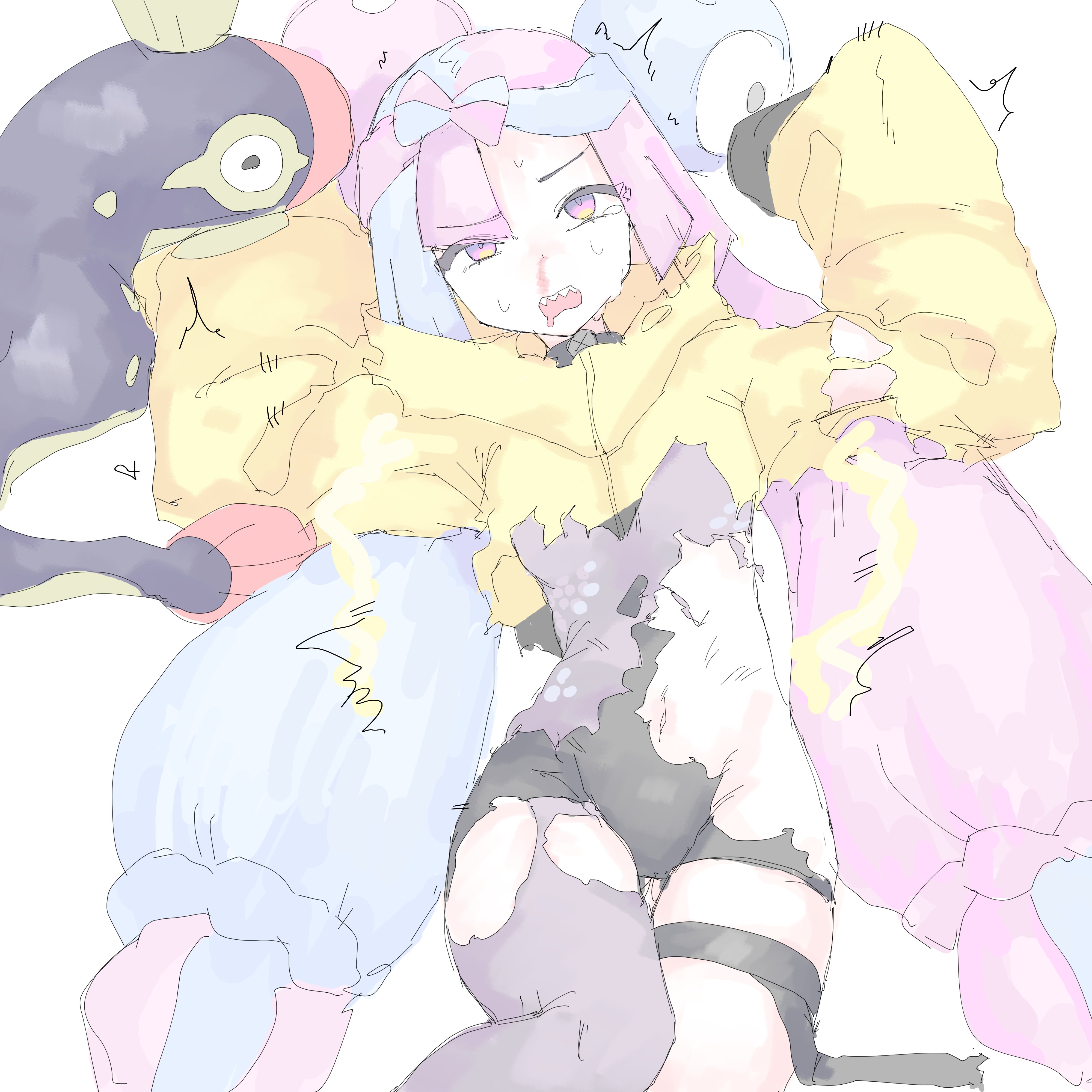 mocamocaink, eelektrik, iono (pokemon), magnemite, nintendo, pokemon, pokemon bw, pokemon sv, absurdres, highres, 1girl, blood, blue hair, blush, bow-shaped hair, character hair ornament, electricity, electrocution, fake hair bun, fangs, gen 1 pokemon, gen 5 pokemon, grey pantyhose, hair ornament, halter shirt, halterneck, hexagon print, jacket, long hair, long sleeves, lying, multicolored hair, nosebleed, open mouth, oversized clothes, pantyhose, paralysis, pink hair, pokemon (creature), sharp teeth, single leg pantyhose, sleeves past fingers, sleeves past wrists, solo, split-color hair, teeth, torn clothes, two-tone hair, very long sleeves, x (symbol), yellow jacket