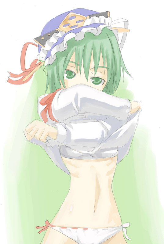 shiki eiki, touhou, 1girl, blue hat, bra, female focus, gradient background, green eyes, green hair, hat, lowleg, lowleg panties, matching hair/eyes, panties, ribbon-trimmed panties, ribbon trim, side-tie panties, solo, underwear, undressing, white background