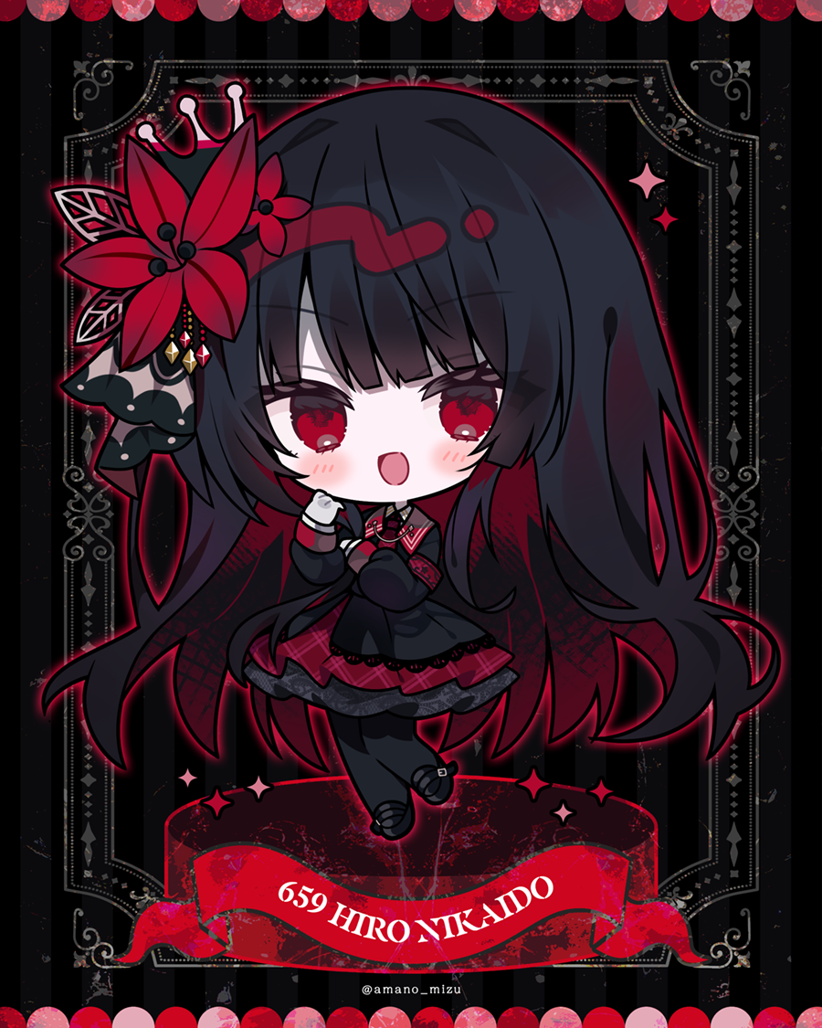 amano mizu, nikaidou hiro, mahou shoujo no majo saiban, commentary request, 1girl, :d, armband, black background, black dress, black hair, black pantyhose, black shoes, blunt bangs, character name, chibi, chibi only, crown, dress, flower, full body, hair flower, hair ornament, long hair, long sleeves, looking at viewer, magical girl, open mouth, outline, pantyhose, red armband, red eyes, red flower, red outline, shoes, smile, solo, sparkle, standing, very long hair