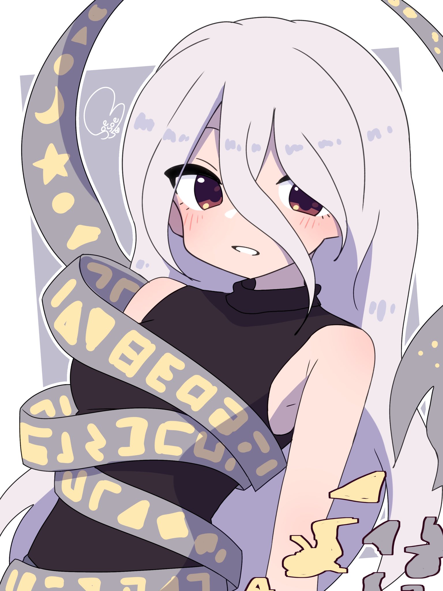 soesoe300, yuiman asama, touhou, highres, 1girl, bare shoulders, black shirt, blush, brown eyes, expressionless, hair between eyes, long bangs, long hair, looking at viewer, shirt, signature, sleeveless, sleeveless shirt, solo, teeth, turtleneck, upper body, white hair