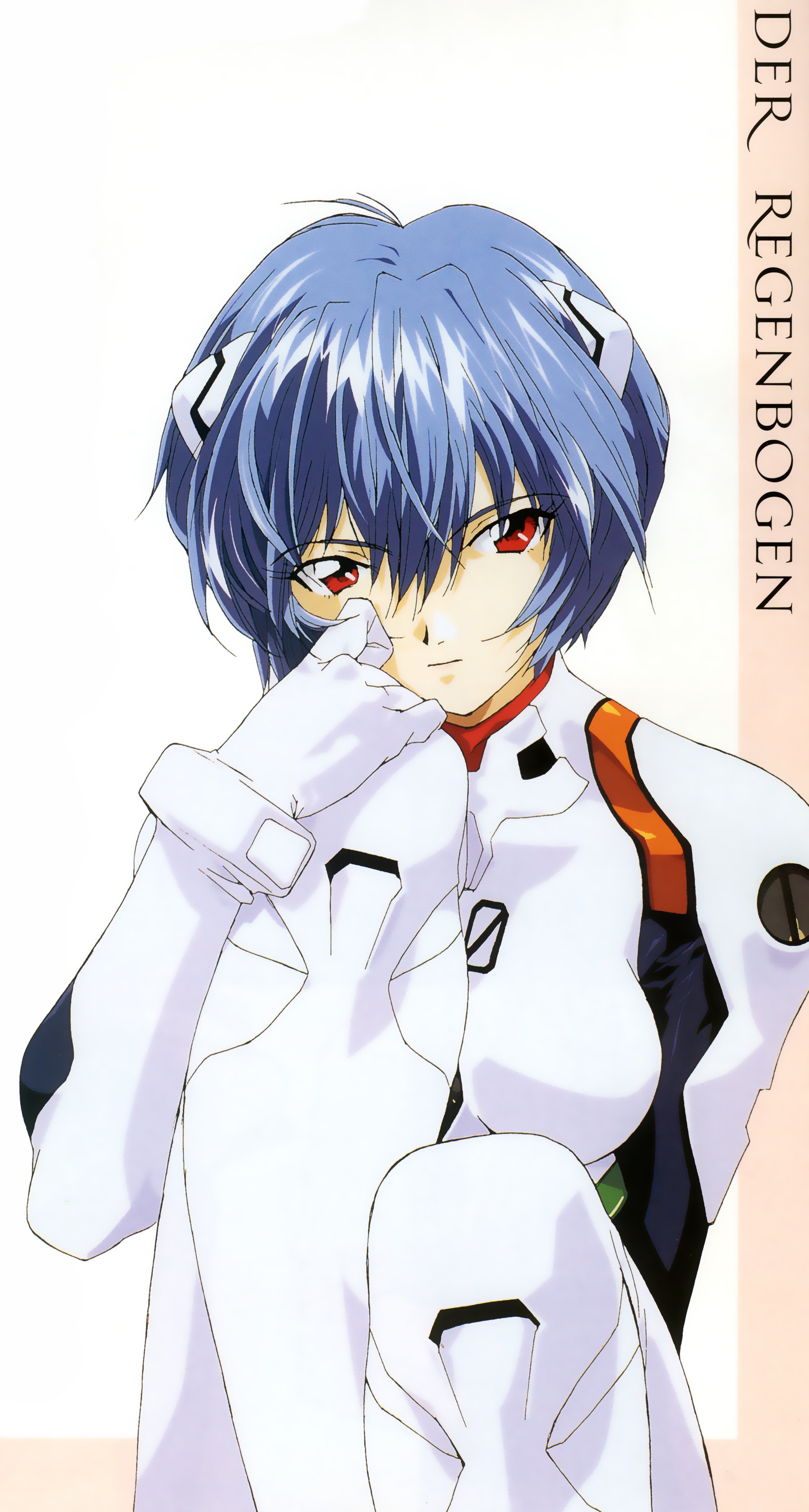 okazaki takeshi, ayanami rei, neon genesis evangelion, absurdres, highres, blue hair, interface headset (evangelion), mecha pilot suit, plugsuit (evangelion), red eyes, short hair, solo