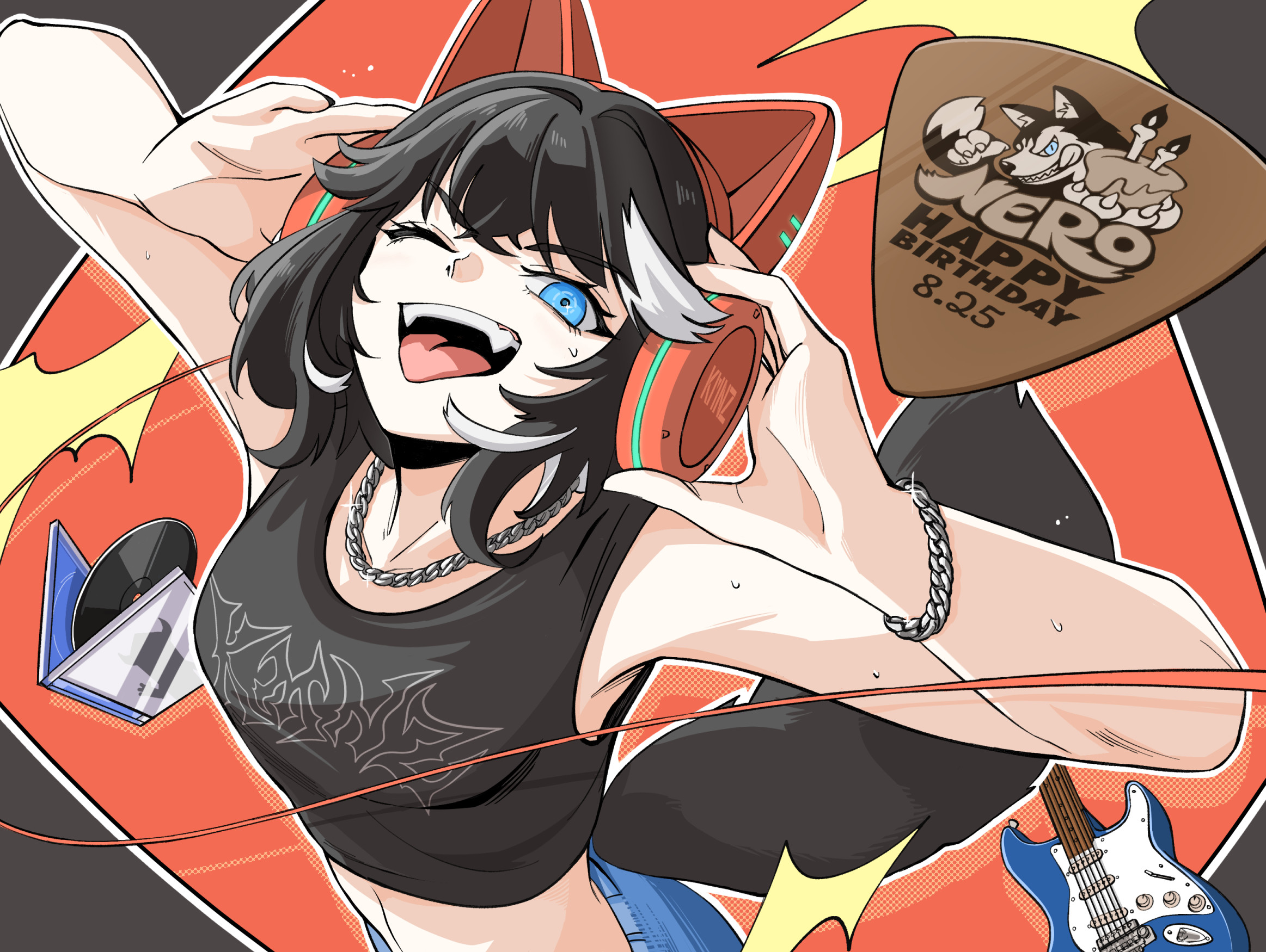 itsumeee3, nero (kmnz), kmnz, highres, 1girl, :d, animal ear headphones, animal ears, arms up, black background, black choker, black hair, black tank top, chain, chain necklace, character name, choker, crop top, dated, dog girl, dog tail, fake animal ears, fangs, guitar, happy birthday, headphones, implied extra ears, instrument, jewelry, medium hair, midriff, multicolored hair, necklace, open mouth, plectrum, red background, smile, solo, streaked hair, sweat, tail, tank top, teeth, upper teeth only, vinyl record, white hair
