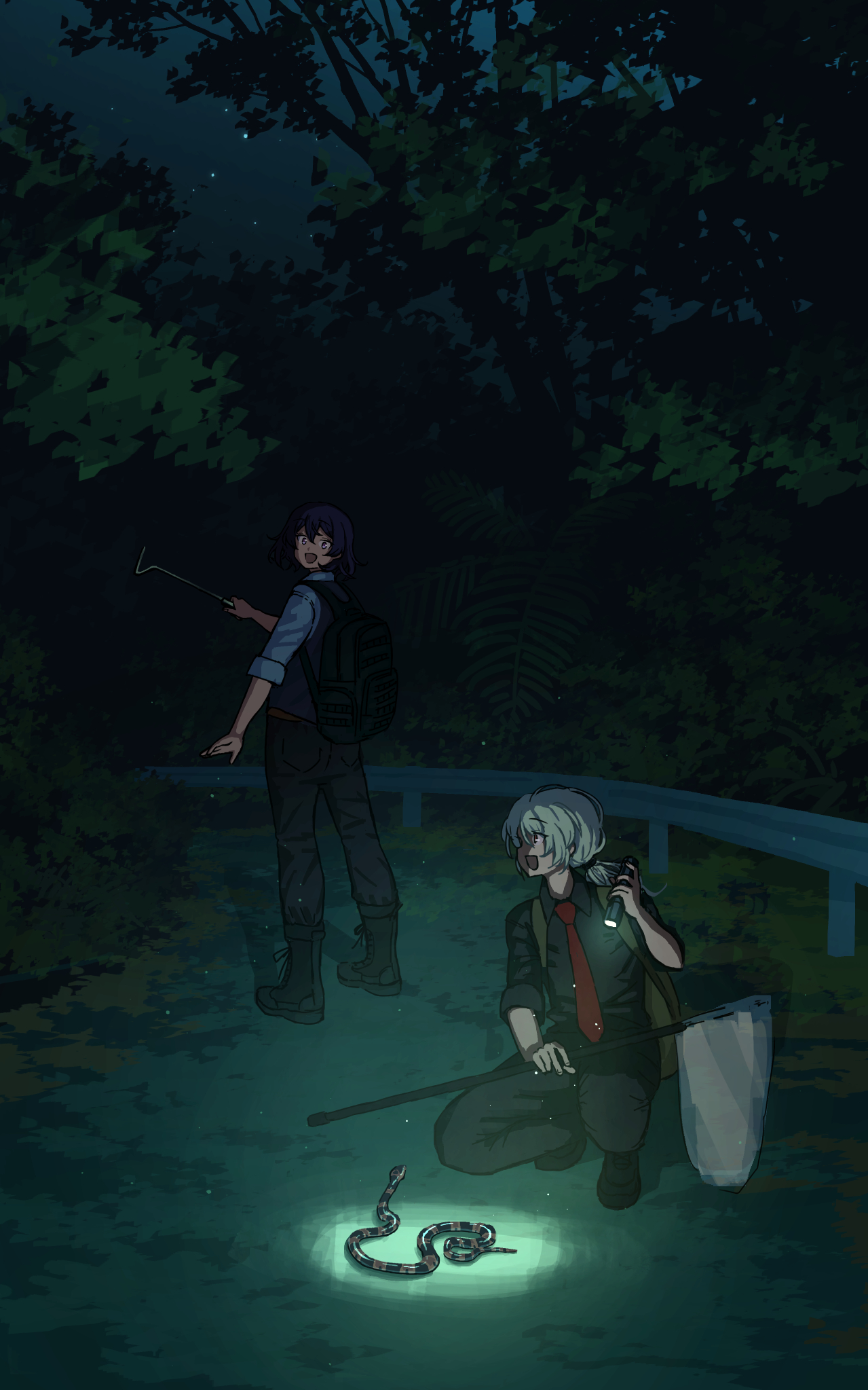 natsuno kanasemi, highres, 2girls, backpack, bag, black shirt, boots, butterfly net, collared shirt, flashlight, forest, hand net, holding, holding flashlight, multiple girls, nature, necktie, night, on one knee, outdoors, pants, red necktie, shirt, sleeves rolled up, snake, tree, vest