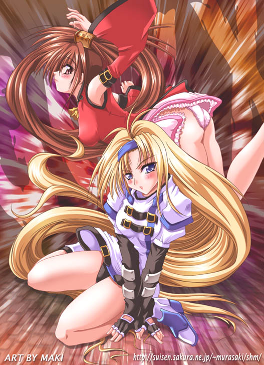 maki (seventh heaven maxion), kuradoberi jam, millia rage, arc system works, guilty gear, 2girls, ass, bent over, black panties, blonde hair, blue eyes, blush, boots, breasts, brown hair, covered erect nipples, detached sleeves, fingerless gloves, gloves, headband, large breasts, long hair, multiple girls, panties, pink eyes, pink panties, skirt, underwear, very long hair