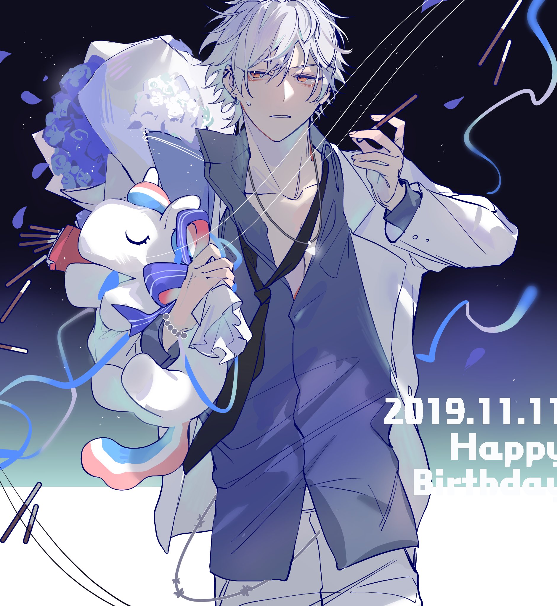 shuiyiyaogong, aohitsugi samatoki, hypnosis mic, highres, 1boy, black necktie, black shirt, blue flower, blue ribbon, bouquet, bow, bracelet, character name, collarbone, collared shirt, cowboy shot, dated, earrings, flower, food, hair between eyes, happy birthday, holding, holding bouquet, holding food, holding pocky, holding stuffed toy, jacket, jewelry, long sleeves, looking at viewer, male focus, necklace, necktie, open clothes, open jacket, pants, parted lips, petals, pocky, red eyes, ribbon, rose, shirt, short hair, solo, streamers, stuffed animal, stuffed toy, stuffed unicorn, sweatdrop, wallet chain, watch, white hair, white jacket, white pants