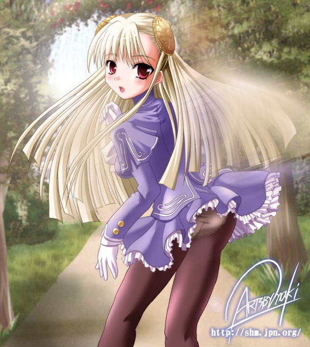 maki (seventh heaven maxion), ingrid (capcom), capcom, capcom fighting jam, 1girl, blonde hair, female focus, gloves, hairpods, long hair, looking back, outdoors, panties, panties under pantyhose, pantyhose, red eyes, solo, underwear, white hair, wind, wind lift