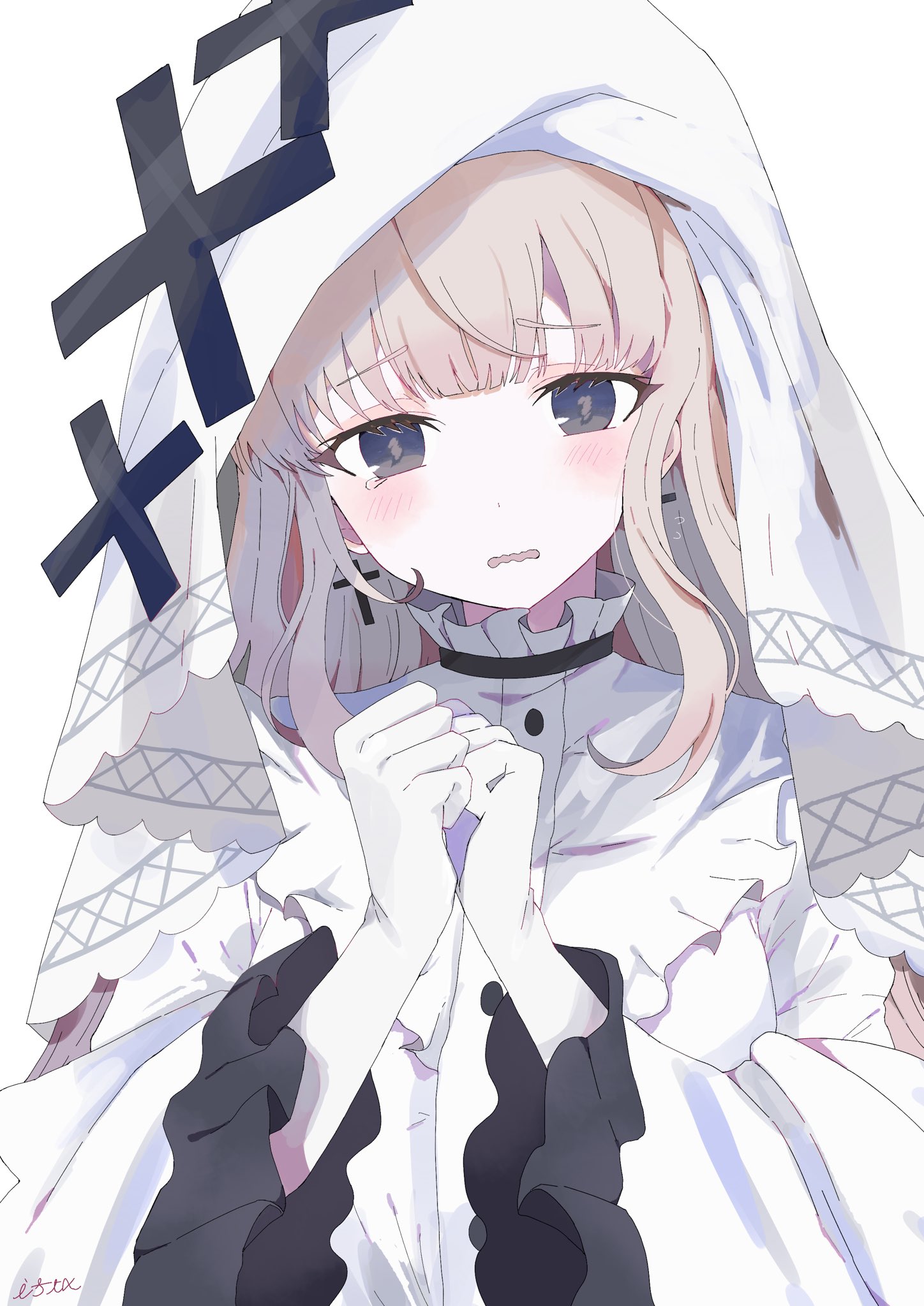 hikami meruru, mahou shoujo no majo saiban, commentary request, highres, 1girl, blonde hair, blunt bangs, blush, dress, frilled dress, frills, gloves, hands up, ista (hudou yuk), long hair, long sleeves, looking at viewer, magical girl, nervous, open mouth, own hands together, simple background, solo, tearing up, tears, upper body, wavy mouth, white background, white dress, white gloves
