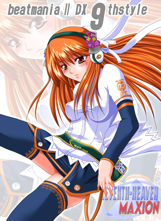 maki (seventh heaven maxion), umegiri iroha, beatmania iidx, beatmania iidx 9th style, bemani, 1girl, belt, blue skirt, blue thighhighs, breasts, female focus, floating hair, hair ribbon, hairband, headphones, large breasts, long hair, long sleeves, orange hair, red eyes, ribbon, shirt, skirt, solo, thighhighs, very long hair, white shirt, zettai ryouiki
