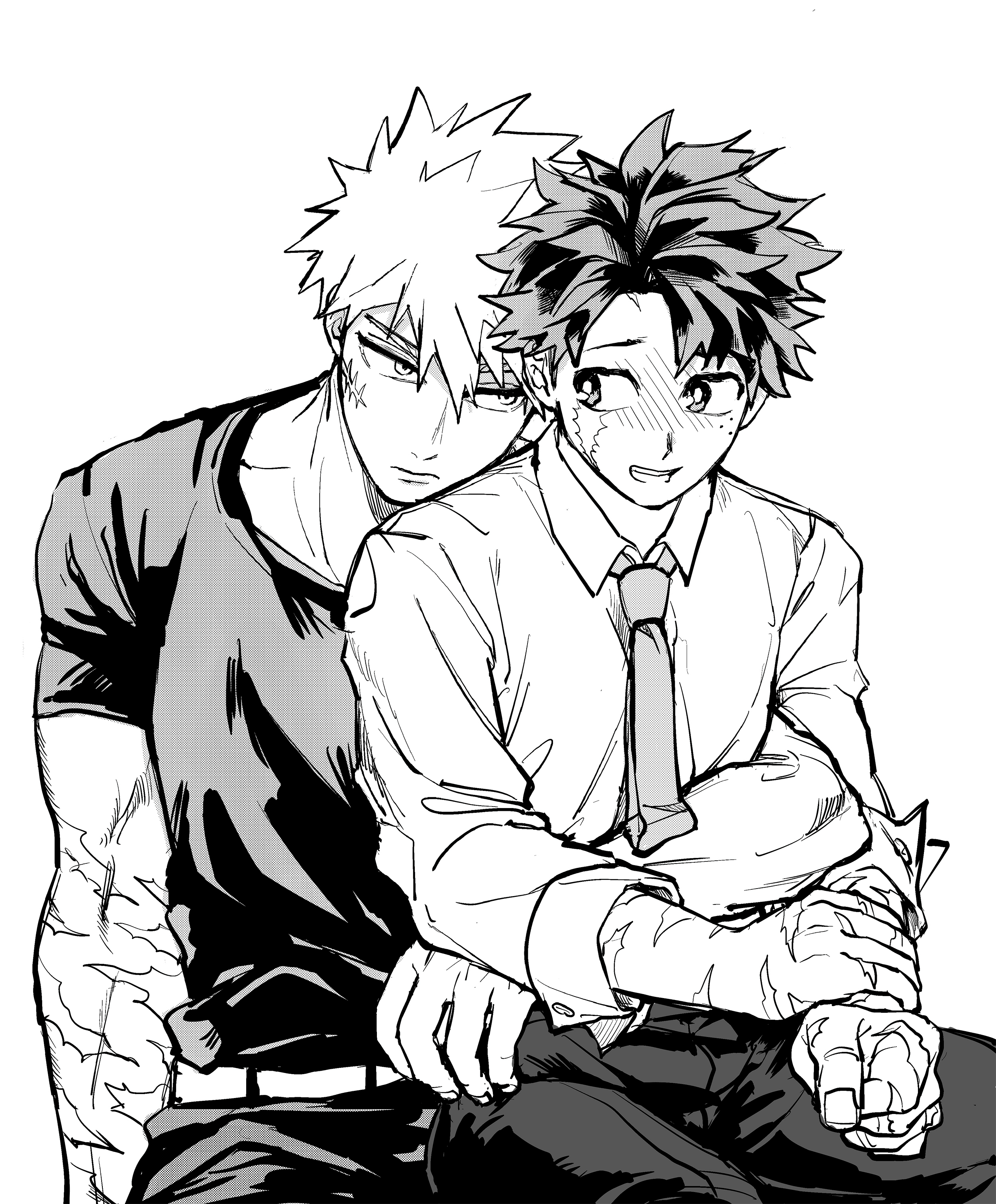 bakugou katsuki, midoriya izuku, boku no hero academia, absurdres, commentary, commentary request, highres, korean commentary, 2boys, arm around waist, belt, blush, closed mouth, collared shirt, crew neck, facial scar, freckles, greyscale, invisible chair, looking at another, looking to the side, male focus, monochrome, multiple boys, multiple scars, naangqq, necktie, pants, scar, scar on arm, scar on cheek, scar on face, shirt, short hair, simple background, sitting, sleeve cuffs, t-shirt, white background, wing collar, yaoi
